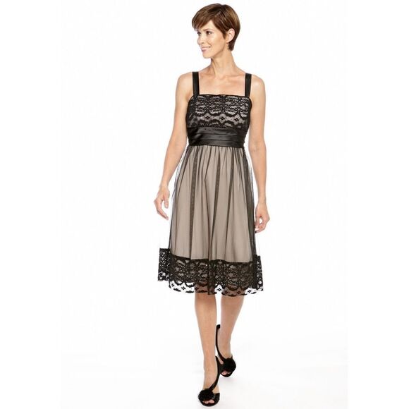 New! R&M RICHARDS Sequin Lace Bodice Tie-Waist Mesh Overlay Dress Black/Taupe 8 - Picture 2 of 4